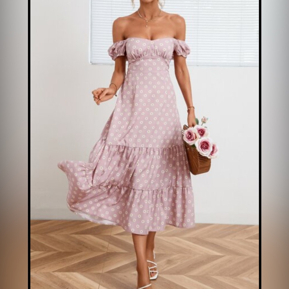Pink Daisy Puff-Sleeve Midi Dress with corset back